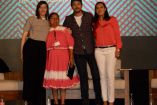 Paulina Suárez, directora general de Ambulante; Guadalupe Pérez, el actor y director Diego, Luna y Roxana Alejo, durante la conferencia de Ambulante, en el Festival Internacional de Cine de Morelia. 