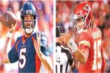 Joe Flacco y Patrick Mahomes son de generaciones distintas; el de Denver, a sus 34 años, vive el ocaso de su carrera; el joven, de 24, es el actual MVP / Fotos: AP
