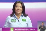 La candidata a la alcaldía de Milpa Alta por el Partido Verde, Karla Valeria Gómez, durante su participación en el debate. Foto: Especial