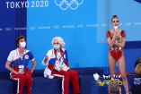Las representantes del Comité Olímpico Ruso no ocultaron su molestia tras el resultado en la gimnasia rítmica. (Reuters)
