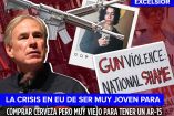 Collage de Greg Abbott, Salvador Ramos, armas y pancarta contra la NRA.