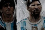 Una pancarta con los rostros dibujados de Maradona y Messi