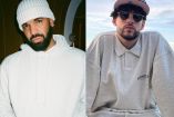 Drake con sudadera y gorra blanca y Bad Bunny con sudadera gris y gorra negra