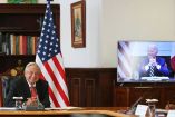 El presidente Andrés Manuel López Obrador en videollamada con Joe Biden.