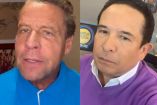 Alfredo Adame con playera azul y Gustavo Adolfo Infrante con camisa y suéter morado