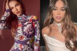 Paty Cantú con traje de ua pieza estampado con mano en la cabeza y Danna Paola con vestido blanco