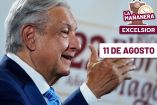 AMLO de perfil y hablando y el logo de la mañanera