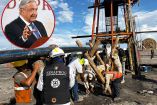 Collage de trabajos de rescate de mineros y una imagen de López Obrador.