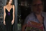Belinda de frente con vestido negro y papá de Belinda con camisa azul y mano con sopa instantánea