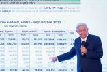 AMLO de traje oscuro y con micrófono señalando una table sobre recaudación de impuestos