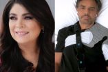 Victoria Ruffo de perfil sonriendo y Eugenio Derbez con cabestrillo