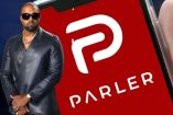 Collage de Kanye West y un teléfono con el logo de Parler