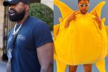 Kanye West con gorra y playera negra y Bad Bunny con disfraz de sol