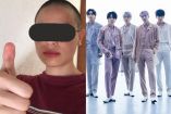 Fanatica con cabeza rapada e integrantes de grupo BTS