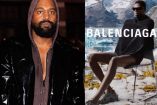 Kanye West con sudadera café y chamarra negra y modelo sentado con letras Balenciaga