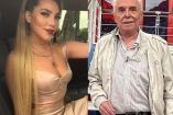 Frida Sofía con vestido dorado sentada en automóvil y Enrique Guzmán con chamarra blanca