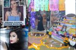 Collage de pancartas con el rostro de Debanhi Escobar y un altar por Día de Muertos