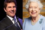 Tom Cruise con traje y corbata y Reina Isabel II con saco azul