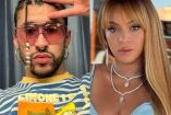 Bad Bunny con playera azul y Beyoncé con vestido escotado