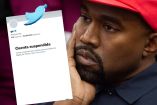 Kanye West con gorra roja y collage de su cuenta de Twitter suspendida