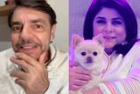 Eugenio Derbez con mano en mentón y Victoria Ruffo con perro