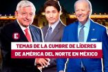 Collage de AMLO, Justin Trudeau y Joe Biden y de fondo Palacio Nacional