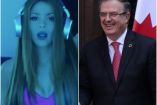 Collage de Shakira cantando y Ebrard sonriendo
