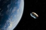 Simulación de planeta Tierra y asteroide cerca