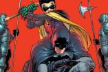 Robin con espada a punto de golpear a Batman agachado