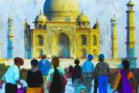 Ilustración del Taj Mahaj con turistas visitándola. (DALL-E)