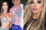 Megan Fox con sostén plateado, junto a novio Machine Gun Kelly; mujer rubia al lado