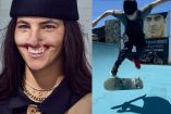 Skater haciendo truco y rostro de mujer sin labio superior