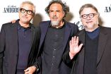 Cineastas Alfonso Cuarón, Alejandro González Iñárritu y Guillermo del Toro