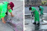 Ponen a mujeres a limpiar el Zócalo tras la marcha del 8M. Foto: Jorge González 