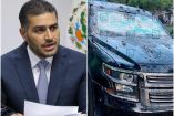 Collage de Omar García Harfuch y su camioneta baleada