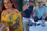 Margarita Portillo con vestido amarillo y Roberto Palazuelos abrazando a Andrés García