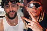 Bad Bunny con lentes en la frente sonriendo, y Peso Pluma con lentes y gorra