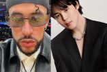 Bad Bunny con gorra y lentes y Jimin de BTS con traje negro