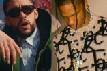 Bad Bunny con lentes y chamarra verde y Travis Scott con cabeza agachada y chaleco