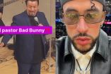 Pastor con traje negro cantando y Bad Bunny con lentes y gorra