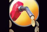 Ilustración de un despachador de gasolina del que salen monedas de diez pesos.