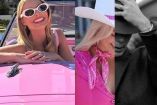 Margot Robbie con lentes en carro rosa y meme de Barbie y Oppenheimer