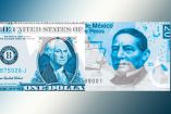 Billete de dólar y de 20 pesos.