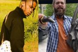 Travis Scott de espaldas y campo de flores atrás y Post Malone señalando