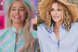 Margot Robbie con traje azul con rosa y Kylie Minogue con sombrero y camisa azul