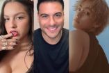 Olivia Rodrigo con mano en boca, Carlos Rivera sonriendo y V de BTS viendo sobre hombro
