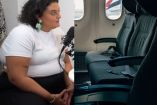 Mujer con obesidad hablando en micrófono y asientos de avión 