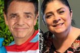 Eugenio Derbez haciendo mueca y Victoria Ruffo riendo