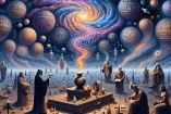 La imagen es una obra de arte digital que combina la sabiduría antigua con el misterio cósmico. Incluye figuras con túnicas que parecen filósofos antiguos, un caldero central con humo que se convierte en una galaxia espiral, cuerpos celestes con textos simbólicos, una ciudad de arquitectura clásica en el fondo, y varios objetos que simbolizan la búsqueda del conocimiento. La iluminación etérea y figuras flotantes añaden un ambiente místico, sugiriendo una conexión profunda entre el conocimiento humano y el 