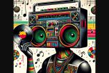 a ilustración muestra un personaje estilizado cuyo cuerpo y cabeza están formados por elementos asociados con la música. La cabeza es un boombox colorido y detallado de estilo retro, mientras que una de las manos sostiene un disco de vinilo. La vestimenta del personaje parece estar inspirada en atuendos tribales o étnicos, con patrones y colores vivos. Notas musicales y símbolos decorativos flotan alrededor, creando una atmósfera vibrante que celebra la música y su impacto cultural. El estilo gráfico es mod